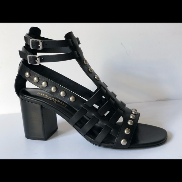 Saint Laurent Shoes - SAINT LAURENT BLACK LEATHER STUDDED HEEL SANDALS